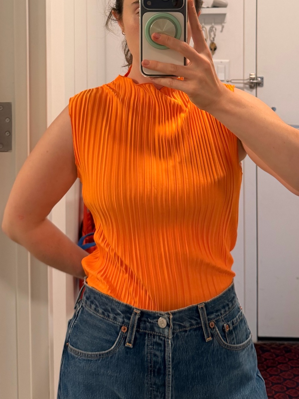 Rails Bright Orange Sleeveless Pleated Mock Neck Top